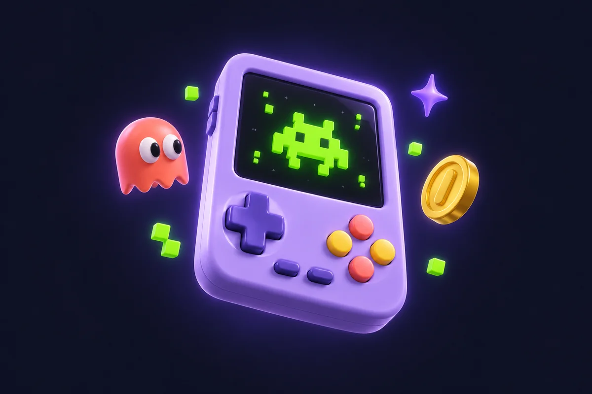 Una consola violeta rodeada de personajes y monedas de arcade